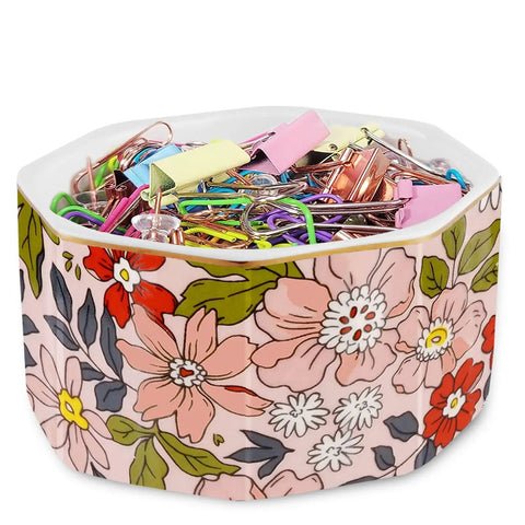 Ceramic Paper Clip Holder with Gold Line Dispenser, floral pink design, filled with assorted clips, desk organizer focus