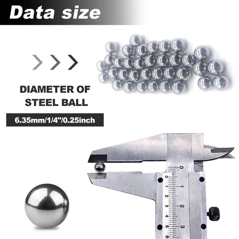 Top Notch Solid Steel Bearing Balls Quarter Inch 6.35mm G25 Precision Rounds measured with caliper showing size.