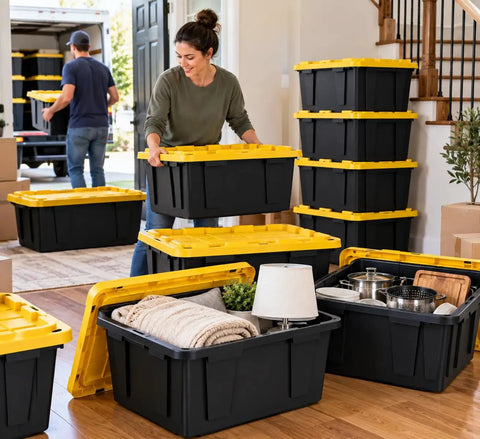 Rock Solid Heavy Duty Storage Totes With Secure Lids 27 Gallon 4 Pack Stackable Plastic Bins 100 Pound Capacity in living room.