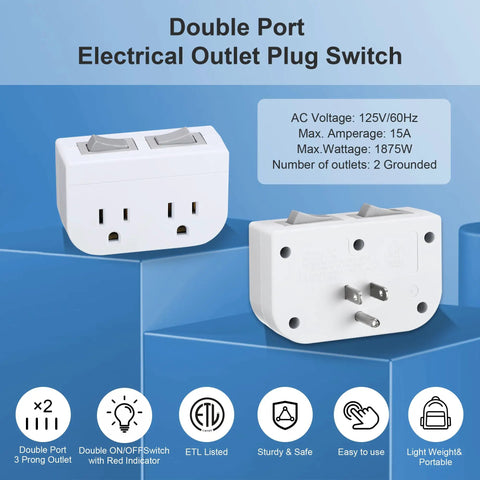 Dual Independent On Off Switch Grounded Power Outlet Wall Tap With Two 3 Prong Ports 1875W 15A ETL White For Cruise Ship