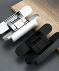 Two Heavy-Duty Hidden Hinges for Wooden Door in black and silver, showcasing 180 Degree Adjustable Concealed Design.