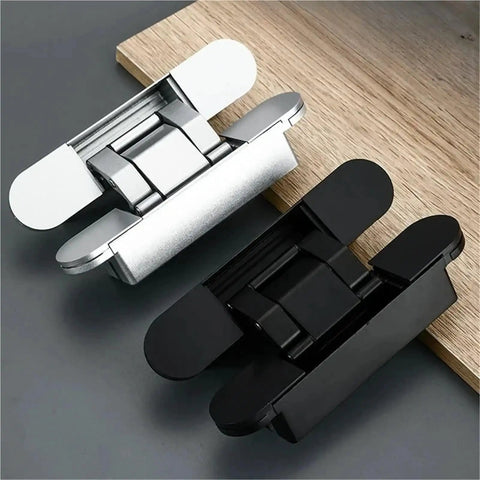 Heavy Duty Concealed Hinges For Wooden Doors, Badass 180 Degree Swing, showing both black and silver finishes on a wooden surface.