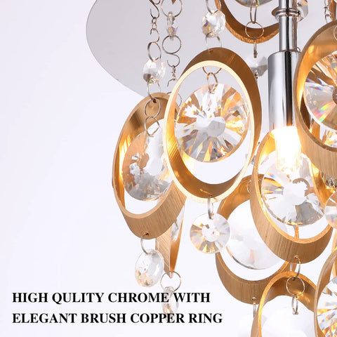 Close-up of 4 Light Modern Crystal Copper Flush Mount Chandelier with K9 crystals and chrome gold finish, partial view.