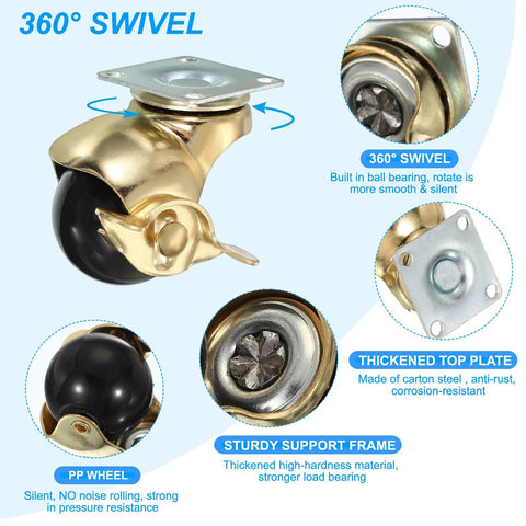 1.5 Inch Ball Caster Wheels With Brake, 4 Pack, 360 Degree Swivel Top Plate, 298 Lbs Total Capacity, locking casters details