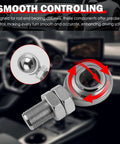 Close-up of Rock Solid 3/4 Inch Heim Joints Kit with steel ball bearing for precision steering upgrades in automotive interior.