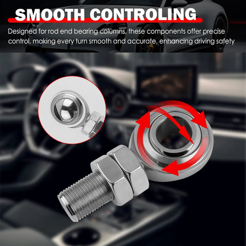 Close-up of Rock Solid 3/4 Inch Heim Joints Kit with steel ball bearing for precision steering upgrades in automotive interior.
