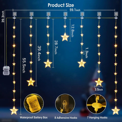 46 Stars Curtain Lights Battery Operated Christmas Window Lights Warm White With Timer Memory Function And 8 Modes IP65 Waterproof