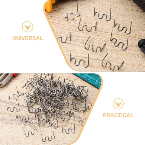 Healvian 100 Piece 0.8mm Wave Shaped Hot Car Bumper Repair Staples For Automotive Plastic Welding Kit showing silver staples on a work surface.