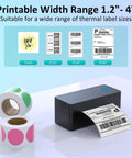 Bluetooth 4x6 Thermal Shipping Label Printer For Small Biz Quick Printing From iPhone Android Mac Windows Works With UPS USPS Amazon Etsy Navy Blue No WiFi Needed, showing label examples and rolls of labels.