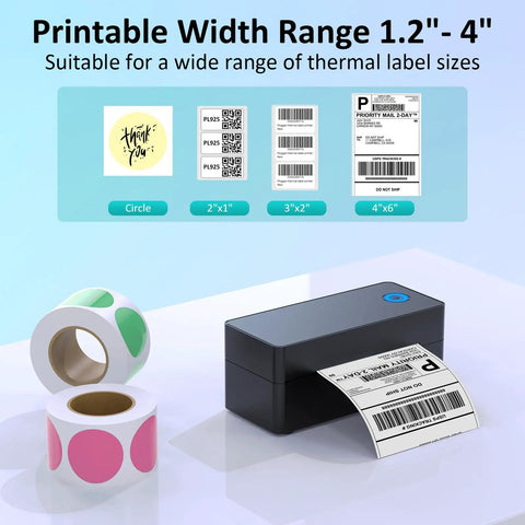 Bluetooth 4x6 Thermal Shipping Label Printer For Small Biz Quick Printing From iPhone Android Mac Windows Works With UPS USPS Amazon Etsy Navy Blue No WiFi Needed, showing label examples and rolls of labels.