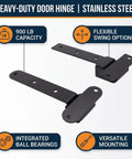 Heavy Duty Stainless Steel Strap Gate Hinges For Farm Gates And Wooden Doors Built Tough As Nails And Engineered For Zero Sagging While Supporting Up To 900 Pounds With 90 Or 180 Degree Movement, showcasing hinges with 900 lb capacity and integrated ball bearings.