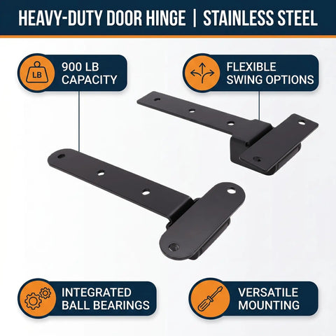 Heavy Duty Stainless Steel Strap Gate Hinges For Farm Gates And Wooden Doors Built Tough As Nails And Engineered For Zero Sagging While Supporting Up To 900 Pounds With 90 Or 180 Degree Movement, showcasing hinges with 900 lb capacity and integrated ball bearings.