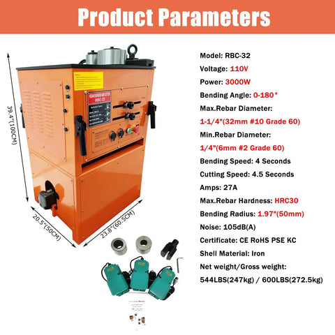 Heavy Duty Electric Rebar Bender And Cutter With 3 Foot Switch For 6 To 32 Mm Steel Rods Built Tough At 110V 3000W showing specifications and design.