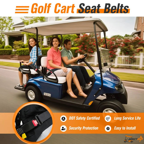 Golf cart equipped with Four Piece Universal Golf Cart Seat Belt Kit DOT Certified With 42 Inch Retractable Belts