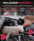 Hand installing a replacement cap on Mercedes-Benz Engine Coolant Expansion Reservoir Overflow Tank Replacement For CLS And E Class Models CLS350 CLS500 CLS550 CLS63 E63 E55 CLS55 AMG E280 E300 E320 E350 E500 E550 Durable Leak Free Coolant Recovery Tank