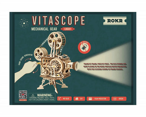 Vitascope 3D Wooden Puzzle Kit For Adults, Mechanical Model Building Set packaging showing vintage cinema projector image.