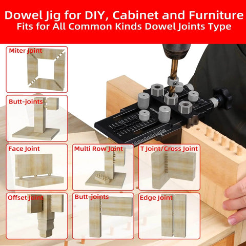 Dowel Jig Kit With Quick Positive Stop And Clamp, Adjustable Doweling Jig For Drill One Quarter, Three Eighths And One Half Inch, Delivers Precise Straight Dowel Holes For Cabinets, Furniture Or DIY Woodworking Projects shown with multiple joint types.
