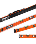 Heavy Duty 12 20 40 Inch Spirit Level Set Featuring A Magnetic Torpedo Pro Grade Aluminum Build, showing three levels and a carry bag.