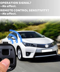 Lexus Key Fob Shell 2 Pack 3 Button Replacement Case held in front of moving white car, showing compatibility and remote signal strength.