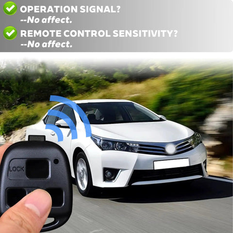 Lexus Key Fob Shell 2 Pack 3 Button Replacement Case held in front of moving white car, showing compatibility and remote signal strength.