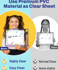 Smiling girl holding Oversized Clear 10x14 Dry Erase Pocket Sleeve compared to standard sleeve, highlighting clarity and stain-free use.