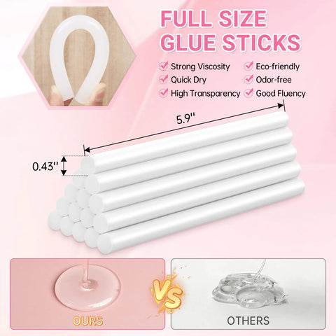 Full size 7/16 inch glue sticks for Dual Temp Hot Glue Gun Kit 60W 100W with quick dry and strong viscosity details.