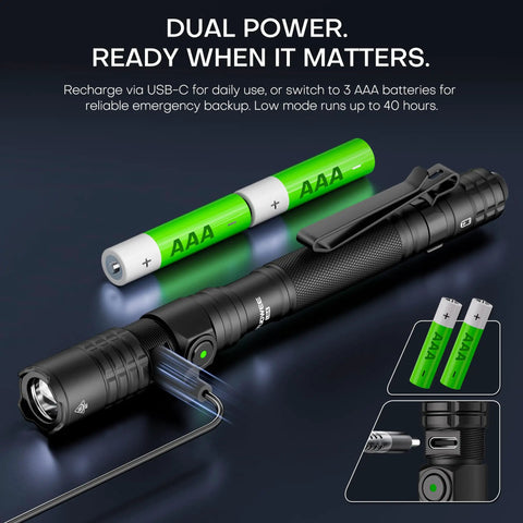 Rechargeable EDC Tactical Flashlight With Dual Switch And Turbo Button 1500 Lumen Beast Pen Light with USB-C and AAA batteries