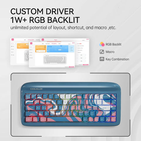 Compact Premium Sixty Five Percent Wireless Mechanical Keyboard Featuring Slick Aluminum Body showing RGB backlighting customization options.