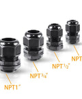 Rock Solid 3/4 Inch IP68 Waterproof Cable Glands With Killer Grip Strain Relief Nylon Cord Connectors adjustable NPT fittings showcased in four sizes.