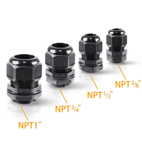 Rock Solid 3/4 Inch IP68 Waterproof Cable Glands With Killer Grip Strain Relief Nylon Cord Connectors adjustable NPT fittings showcased in four sizes.