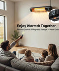 Family enjoying warmth from a wall-mounted 34 Inch 1500W Infrared Patio Heater With Motion Sensor IPX5 Waterproof 9 Heat Levels And 9H Timer.