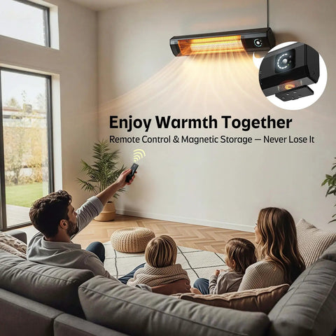 Family enjoying warmth from a wall-mounted 34 Inch 1500W Infrared Patio Heater With Motion Sensor IPX5 Waterproof 9 Heat Levels And 9H Timer.