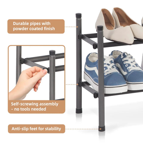 Expandable Shoe Rack For Closet And Entryway, Metal 8 Pairs Stackable Organizer with anti-slip feet and durable pipes.