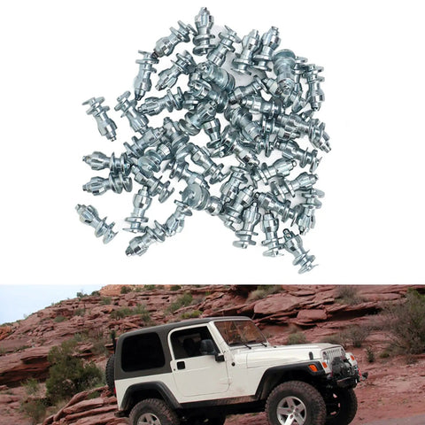 Heavy Duty 50 Pack Tire Spikes Built Tough With Tungsten Steel Tips Delivering Reliable Non Slip Traction On Frozen Ice And Snow Roads For Cars Trucks Bikes And Fleet on a Jeep navigating rocky terrain.