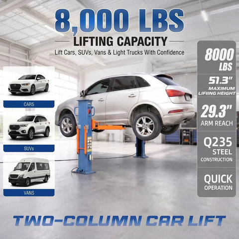 Heavy Duty Portable Two Post Car Lift With 8000 Lbs Capacity And Electric Lock Adjustable Height Up To 51 Inches lifting a silver SUV
