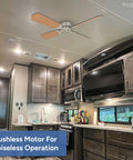 12V RV Ceiling Fan with 36 Inch Brushed Nickel Finish Four Blades in modern camper kitchen for quiet airflow.