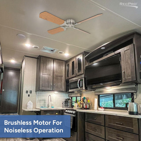 12V RV Ceiling Fan with 36 Inch Brushed Nickel Finish Four Blades in modern camper kitchen for quiet airflow.