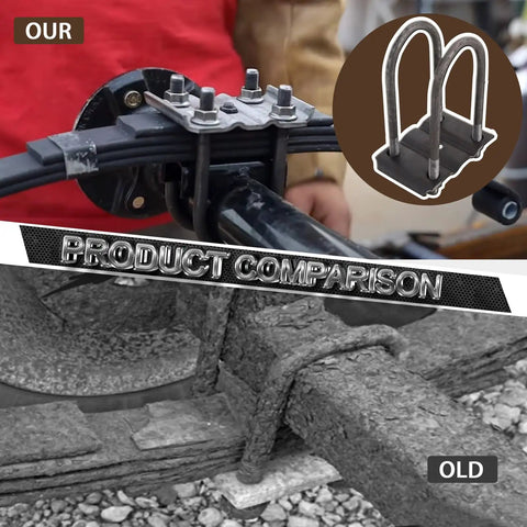 Comparison of installed Beefed Up Heavy Duty Trailer U Bolt Kit For 5200 To 7000 Pound Axles with an older bolt system