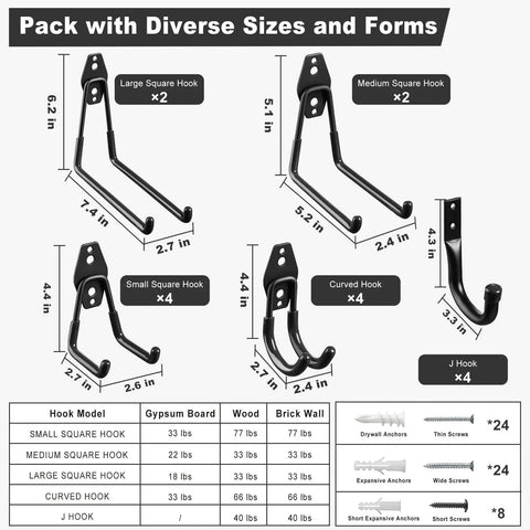 Heavy Duty Garage Hooks 20 Pack Steel Wall Mount Hooks With Anti Slip Coating For Organizing Ladders Bikes Power Tools And More In Black Durable PVC Coated Anti Slip Design For Heavy Load Capacity And Long Lasting Durability, various hook types and sizes displayed on a chart.