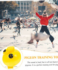 Person in red sweater jumping among pigeons with Portable Pigeon Training Whistles 2 Pack Lightweight Four Tone Bird Call Set shown