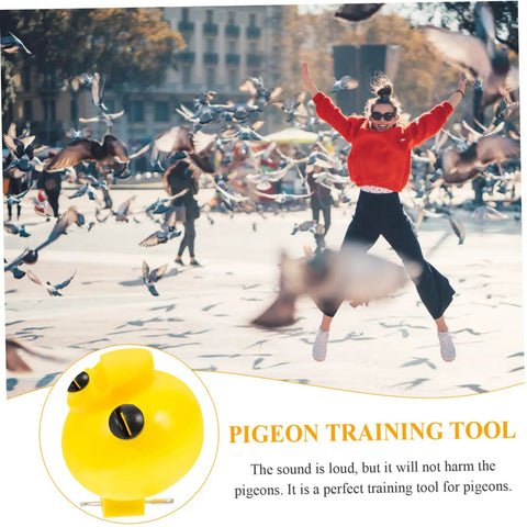 Person in red sweater jumping among pigeons with Portable Pigeon Training Whistles 2 Pack Lightweight Four Tone Bird Call Set shown