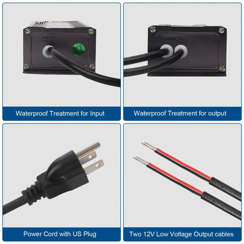 150W LED Driver Waterproof IP67 Power Supply with US plug and 12V output cables for indoor outdoor LED lighting