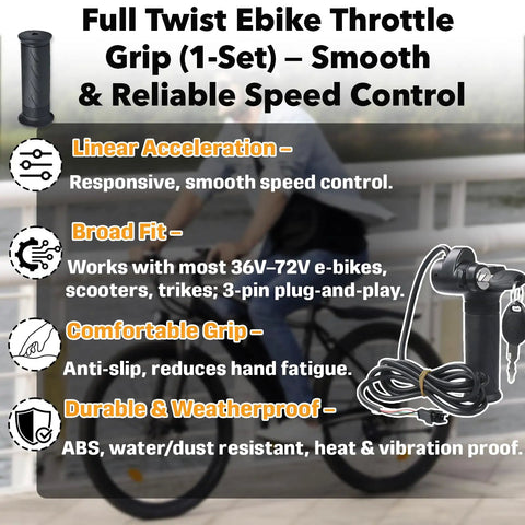 Full Twist Ebike Throttle Grip With Two Keys Waterproof 3 Pin Electric Bike Throttle Handlebar Controller Fits Most E Bikes Scooters And Trikes Smooth Acceleration Compatible With Q20 Q20Lite Q20Pro H20 H26Pro And More No Fuss, linear acceleration, durability features
