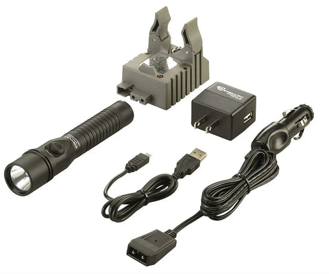 Beast-Mode 375-Lumen Dual-Switch Tactical Flashlight With TEN-TAP Programmable Modes, charger, cables, and holder setup