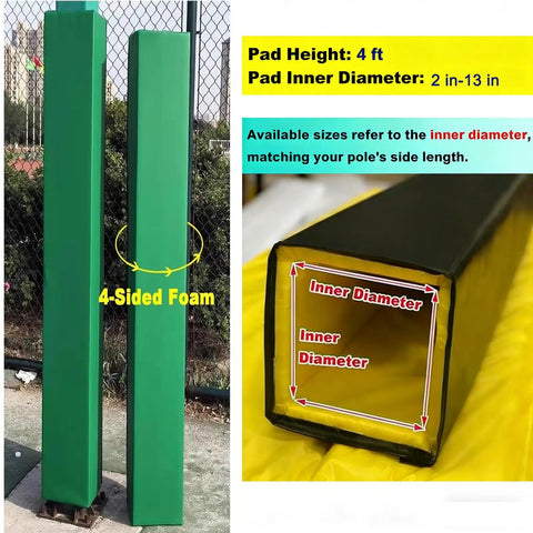 Heavy Duty Square Foam Pole Cover For Basements And Garages Featuring No Sweat Wrap Up Design And Tough As Nails Impact Shield For Wooden Columns Basketball Stands And Fence Posts In Classic Matte Black, 4-Sided foam padding with 4 ft height and 2-13 in inner diameter.
