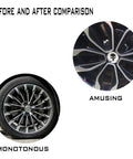 Before and after image showing Four Piece Heavy Duty Aluminum Hub Center Cap Decals Featuring Dope Tusked Skull Art for rims.