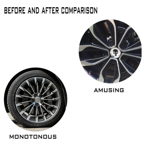 Before and after image showing Four Piece Heavy Duty Aluminum Hub Center Cap Decals Featuring Dope Tusked Skull Art for rims.