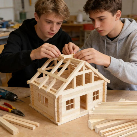Two teens constructing a dollhouse using 25 Pack Square Wood Dowel Rods 5/16 X 15 Inch Unfinished Pine Craft Sticks.