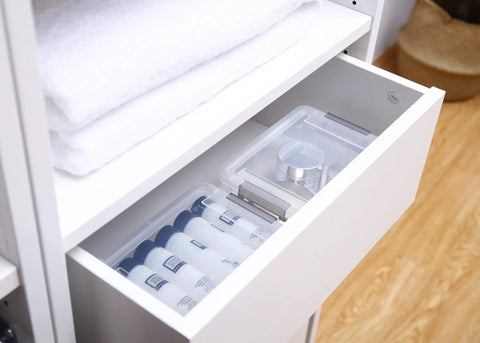 Clear White 10 Pack 1.3 Qt Small Storage Bins With Lids, Stackable Plastic Containers, shown in a drawer organizing items