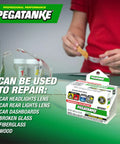 Transparent Two Part Epoxy Resin For Quick DIY Repairs And Cold Weld Adhesive, box and user applying to glass.